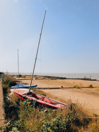 A vertical shot of an abandoned boat near the dried meadow in Whitstable, UK