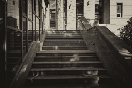 A grayscale shot of stone stairs leading to an office building entrance
