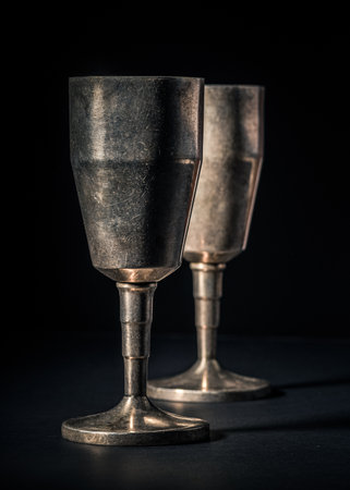 A vertical shot of antique silver glasses under light spot on a black backgroundの写真素材