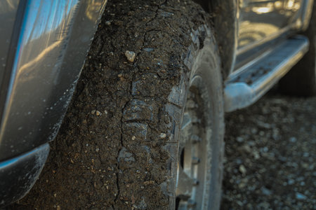 Tire covered in rocks and mud on off-road trailの写真素材