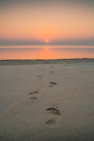 A vertical shot of the footprints on the sand. The Maldives.の写真素材