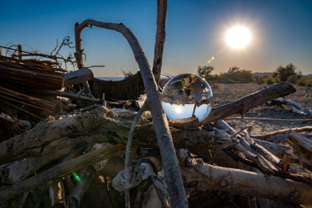 A glass ball on woods in the beach of Bibione, Italy against a sunny blue skyの写真素材