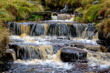 A beautiful view of small waterfalls on  black rocks between green bushy treesの写真素材