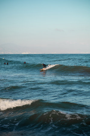 A View of many people surfing in the seawater with a surfing board under a blue water