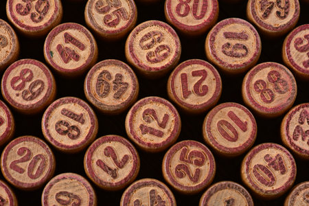 The wooden kegs of a vintage lotto board gameの写真素材