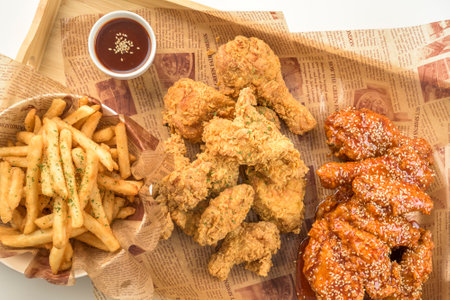 A closeup shot of Korean fried chicken and fries isolated on a white backgroundの写真素材