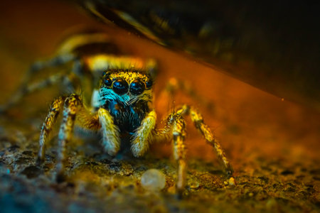 A closeup shot of a spider isolated on a blurred backgroundの写真素材