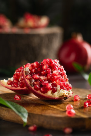 A vertical shot of juicy pomegranate fresh fruit uncovered lies on a bright backgroundの写真素材