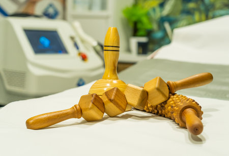 A closeup of wooden massage toolsの写真素材