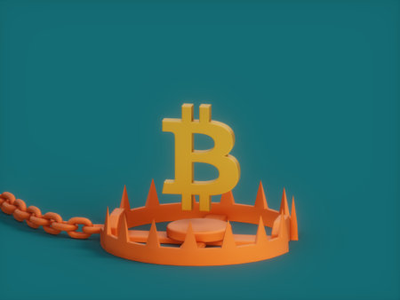 A 3D rendering illustration of a trap with a Bitcoin sign over it - the concept of cryptocurrencyの写真素材