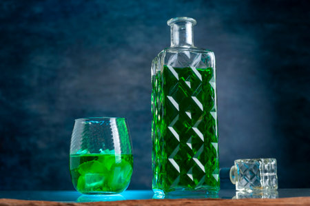 A view of a decanter and a glass with a green drink on the dark backgroundの写真素材