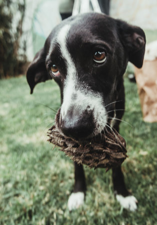 A vertical shot of an adorable black and white dog with brown eyes playing outdoorsの写真素材
