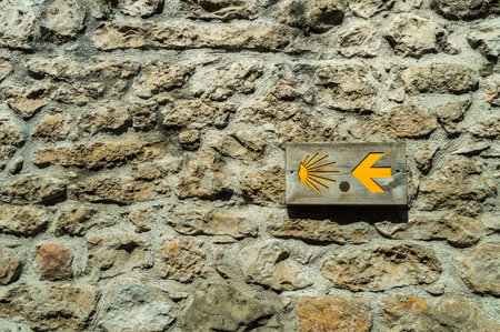 A closeup of Scallop symbol of Santiago's road with an arrow on a stone wall in Cantabria, Spain.の写真素材