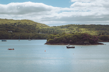 A boat sailing on the lake in the morningの写真素材