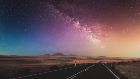 The beautiful view of the empty road with the Milky Way in the background.の写真素材
