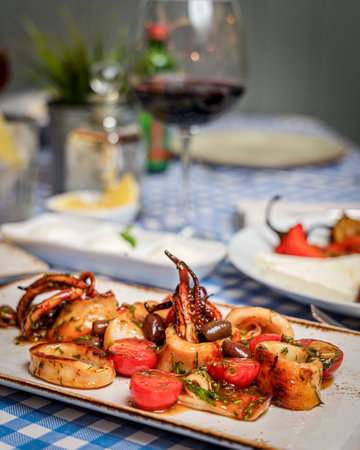 The fried spicy seafood with cherry tomatoesの写真素材