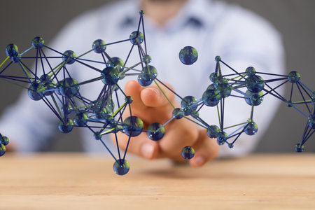 A businessman man tapping on a 3D rendering of digital network hologramの写真素材