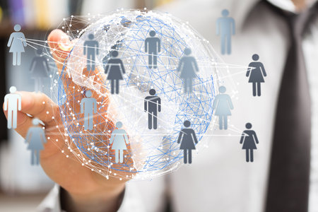 A person's hand touching the 3D rendered futuristic globe with users connected to each otherの写真素材