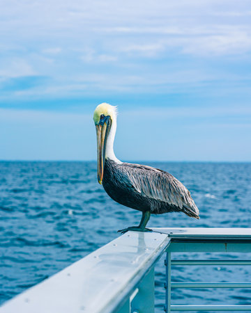 A vertical shot of a big pelican perched on a balcony over the seaの写真素材