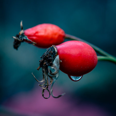 A vertical shot of rosehips on a blurred backgroundの写真素材