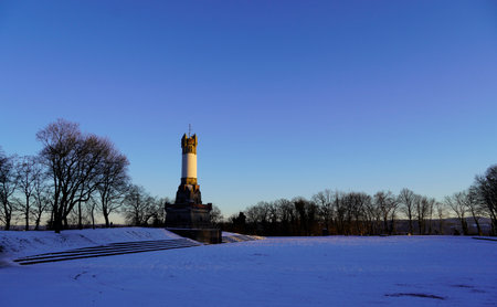 A landscape view of the Harkort Tower in winter. Wetter, North Rhine, Westphaliaの写真素材