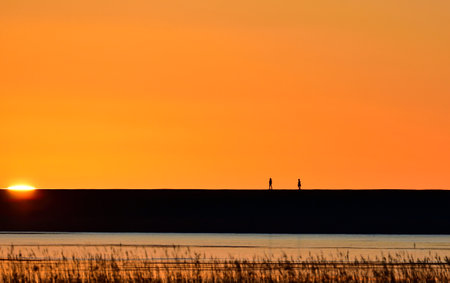 A beautiful shot of an orange sunset in Margrethekog, Waddensee, Denmarkの写真素材