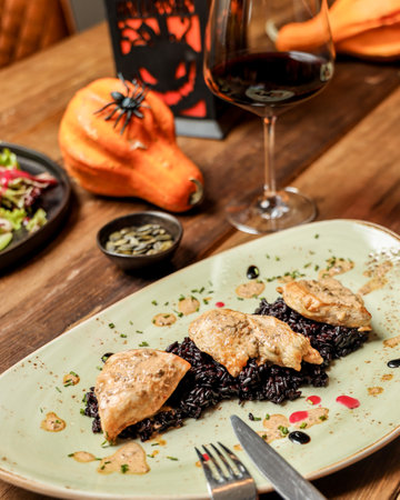 A vertical shot of a chicken fillet black rice and a red wine background