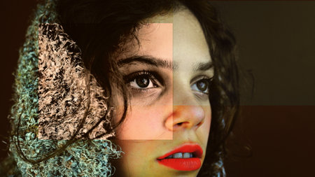 A portrait  of a Caucasian female with a headscarf with patternsの写真素材