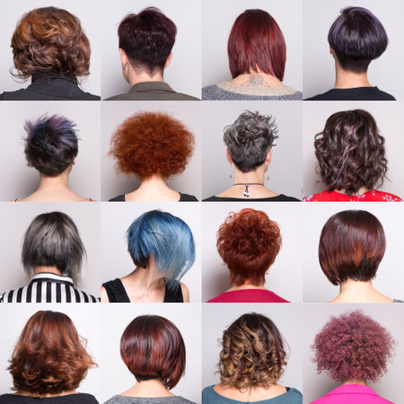 Collage of different hairstyles and various hair colors of turned-back womenの写真素材