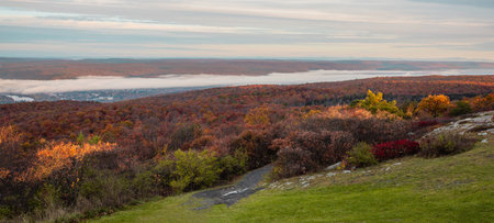 A beautiful autumn landscape in High Point State Park, New Jersey, USA, at sunrisの写真素材