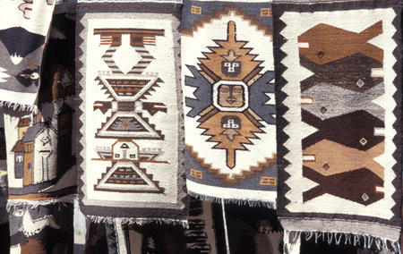 A closeup of decorated  indian carpets in Otavalo, Ecuador