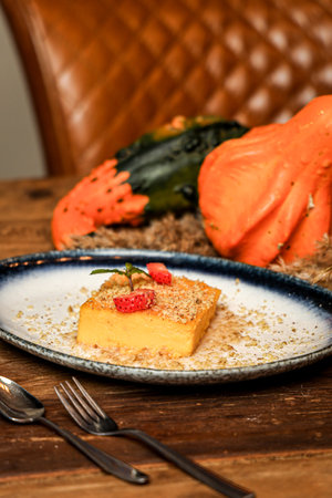 A vertical shot of a freshly baked cake with a strawberry on a plate on a wooden tableの写真素材