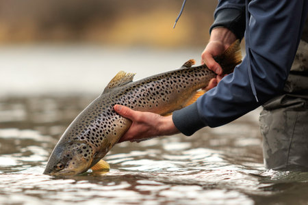 A close-up shot of an angler holding a beautiful brown troutの写真素材