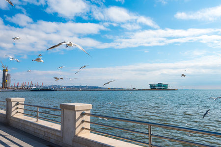 A beautiful view of a long fence near the Fountains in Seaside Park, Baku, Azerbaijan with a cloudy skyの写真素材