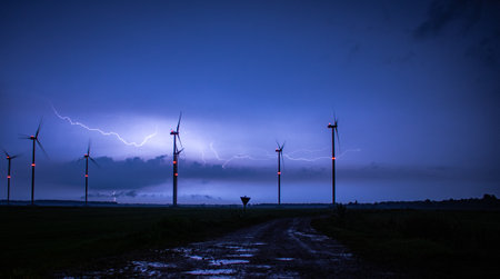 A beautiful night scenery view of a snowy road and Windmills under a lightning skyの写真素材