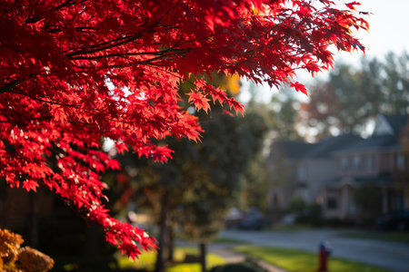 A closeup shot of tree with red leaves on a street during autumn