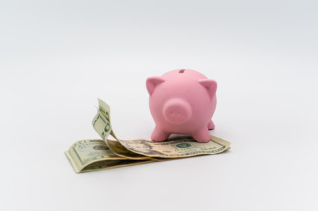 pink piggy bank and dollar banknotes on a white tabletop with copy space