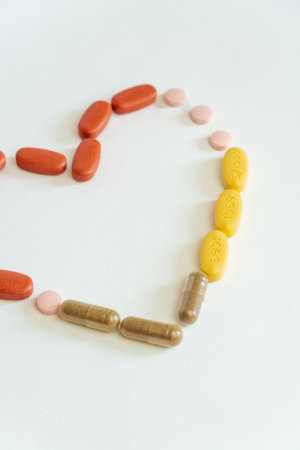 A vertical shot of medical pills and capsules forming a heart on a white surfaceの写真素材