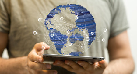 A 3d rendered virtual world with a connection network hovering over person's hands holding a tablet