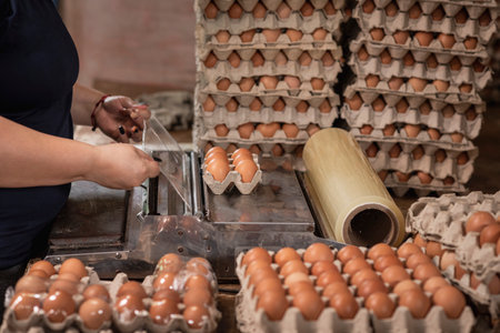 A female organizing some farm eggs to send to the shops to sellの写真素材