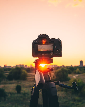 A closeup of a camera at sunset