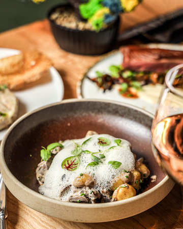 A vertical shot of mushrooms in a brown bowl