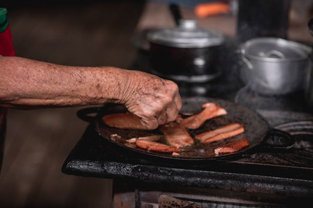 A closeup shot of an old woman placing sliced meat on a metallic pan in Tilaran, Guanacaste, Costa Ricaの写真素材