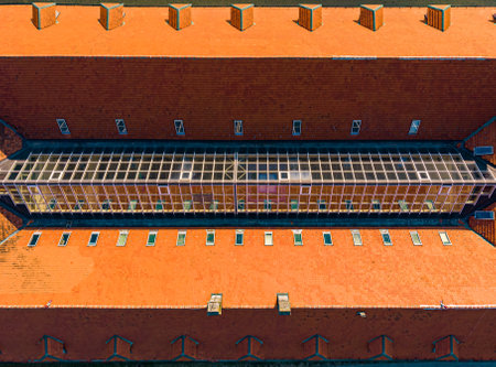 A top view of buildings with interesting roofsの写真素材