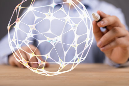 A man touching with a pen on 3D rendered network sphere