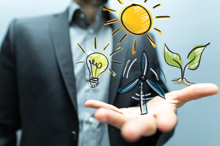 A hologram of green energy icons on a man's palmの写真素材