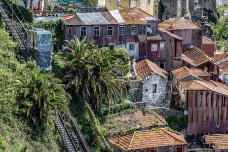 An Aerial shot of cityscape of Porto with red roof buildings and hosesの写真素材