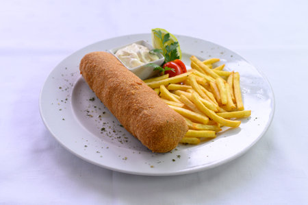 A karadjordjeva snicla with potato chips served on a plate