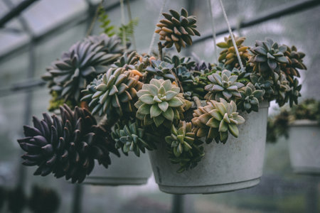 A closeup of potted succulents in the greenhouseの写真素材