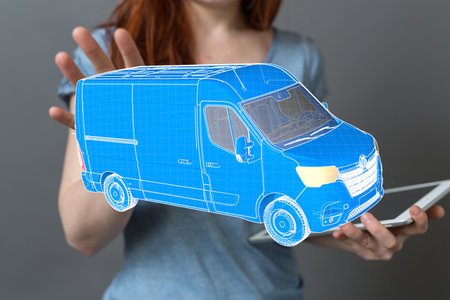 A digital illustration of the car in the hand -  the concept of logistics and delivery in 3Dの写真素材